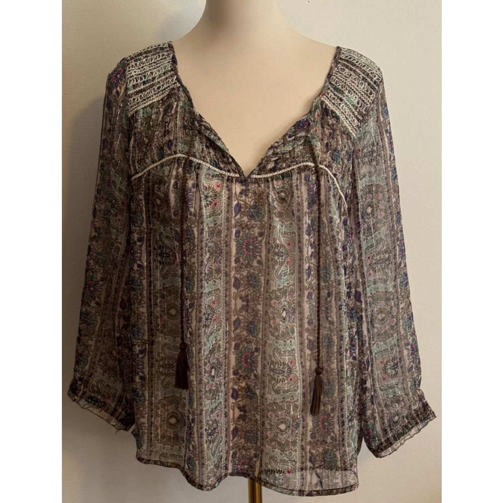 Women's American Eagle Outfitters L Brown Multi-color Paisley Sheer Blouse